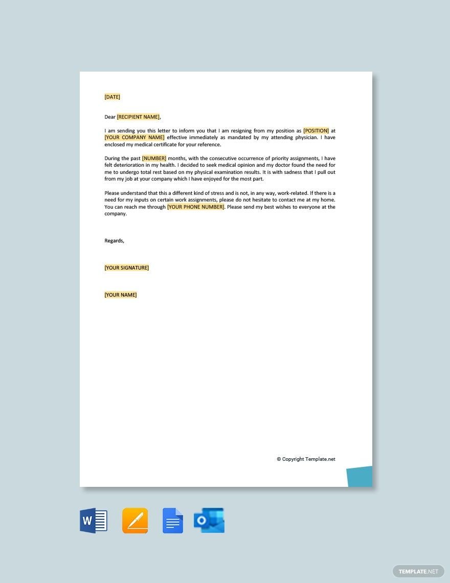 Resignation Letter Due To Health And Stress in Word, Google Docs, PDF, Apple Pages, Outlook