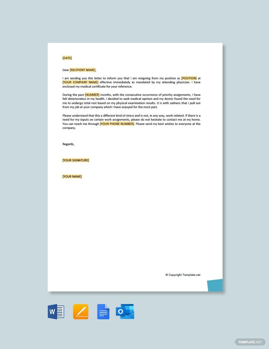 Resignation Letter Due To Health And Stress in Google Docs, Pages, Outlook, PDF, Word - Download | Template.net