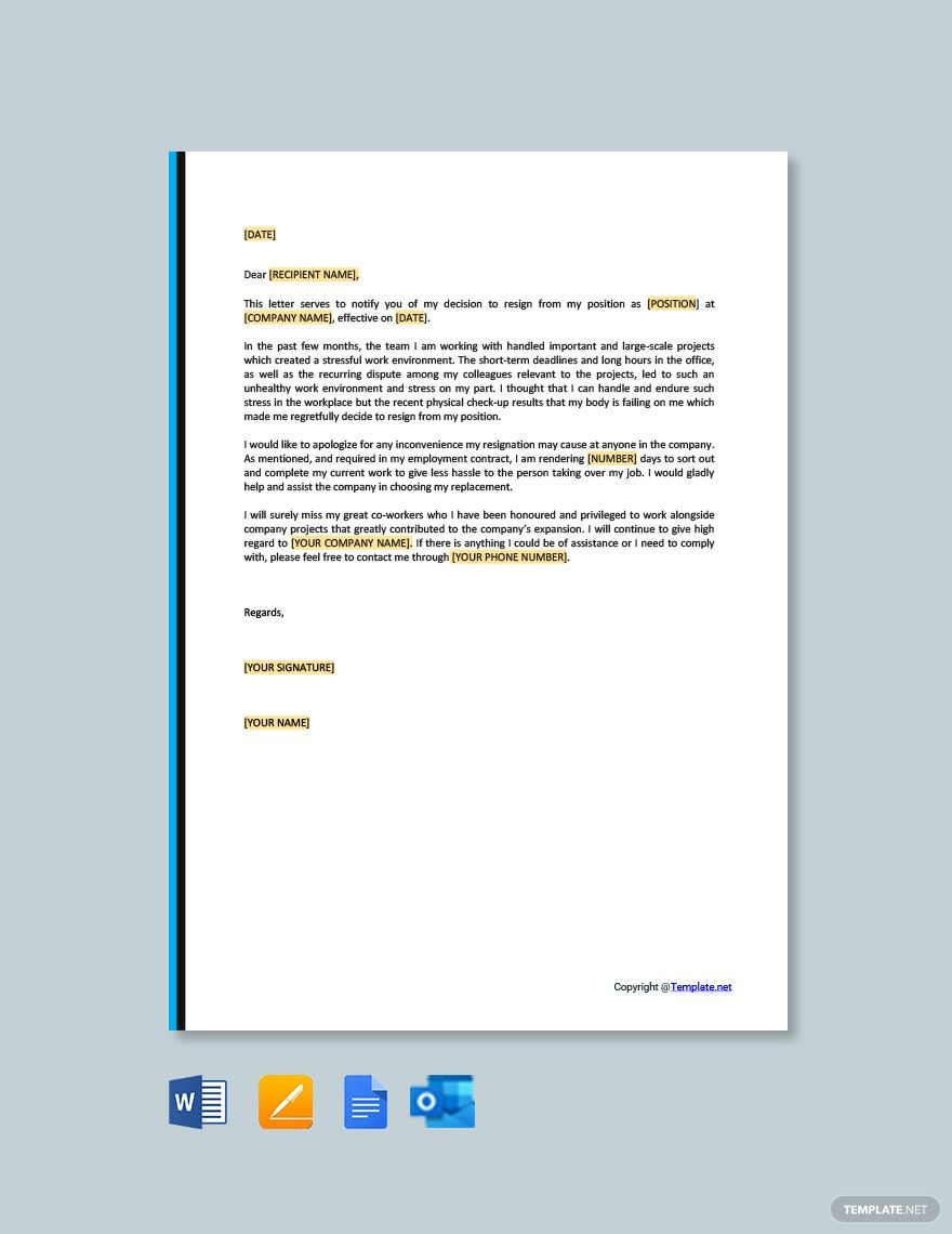 Free Resignation Letter Due To Stressful Work Environment in Word, Google Docs, Apple Pages, Outlook