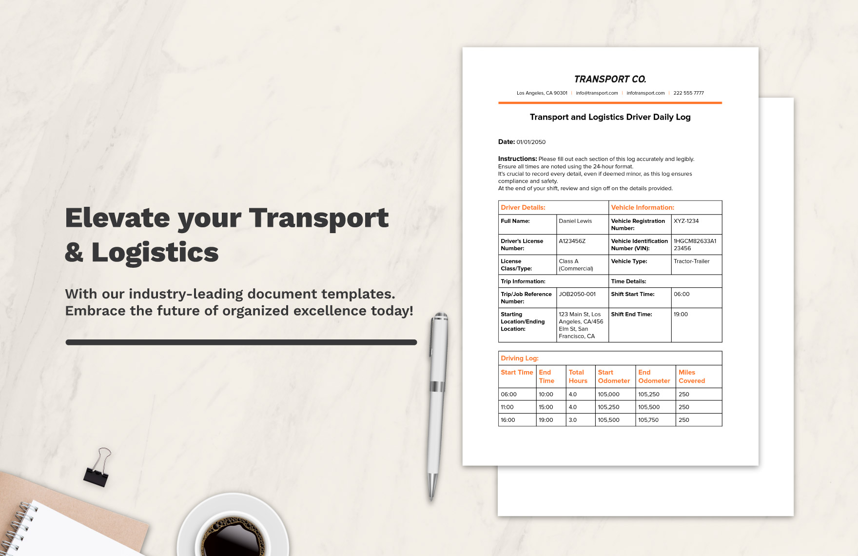 Transport and Logistics Driver Daily Log Template