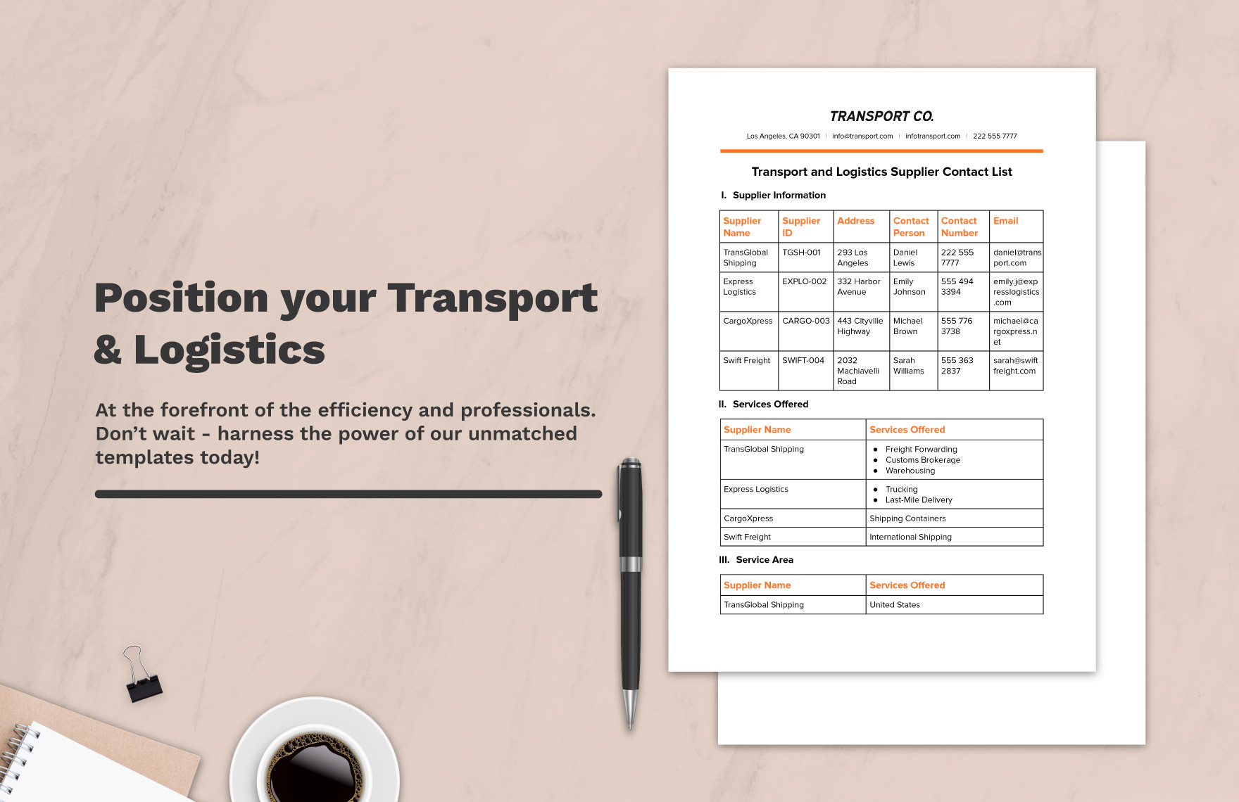Transport and Logistics Supplier Contact List Template