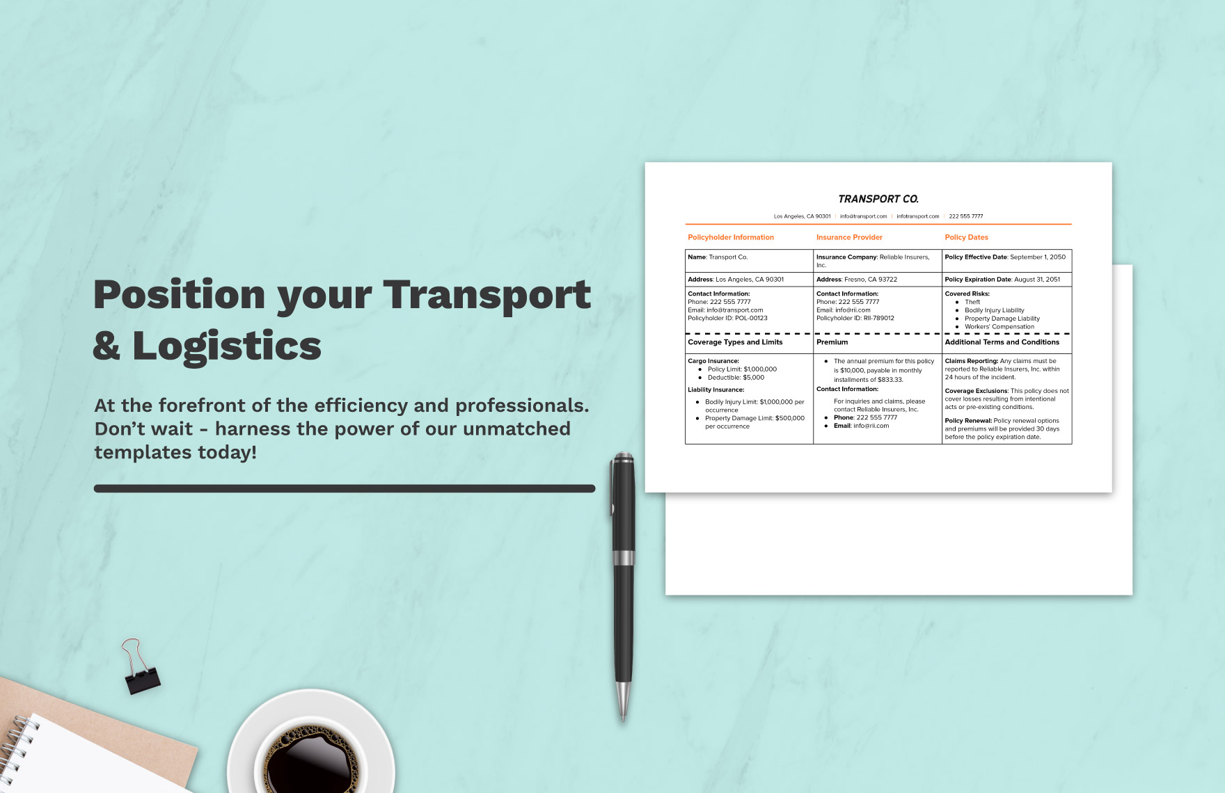 Transport and Logistics Insurance Coverage Summary Template