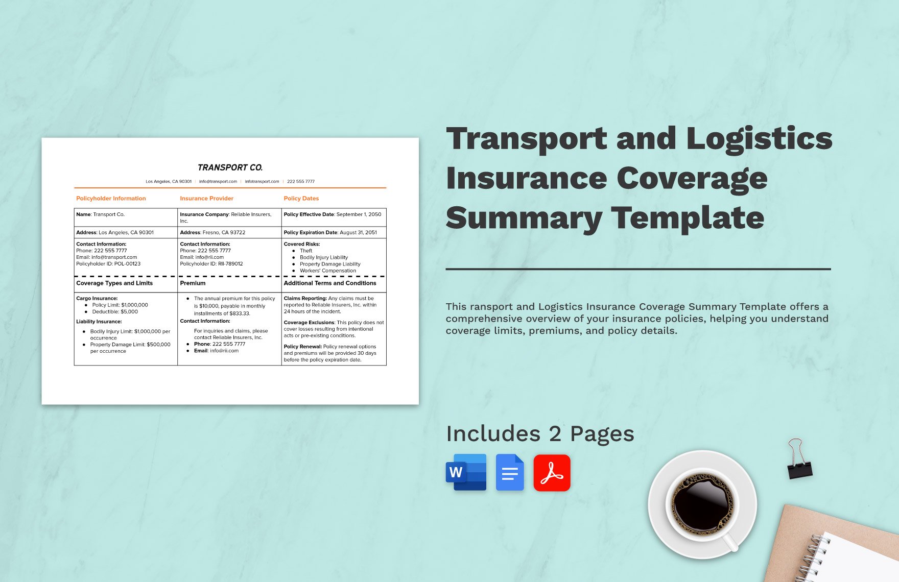 Transport and Logistics Insurance Coverage Summary Template