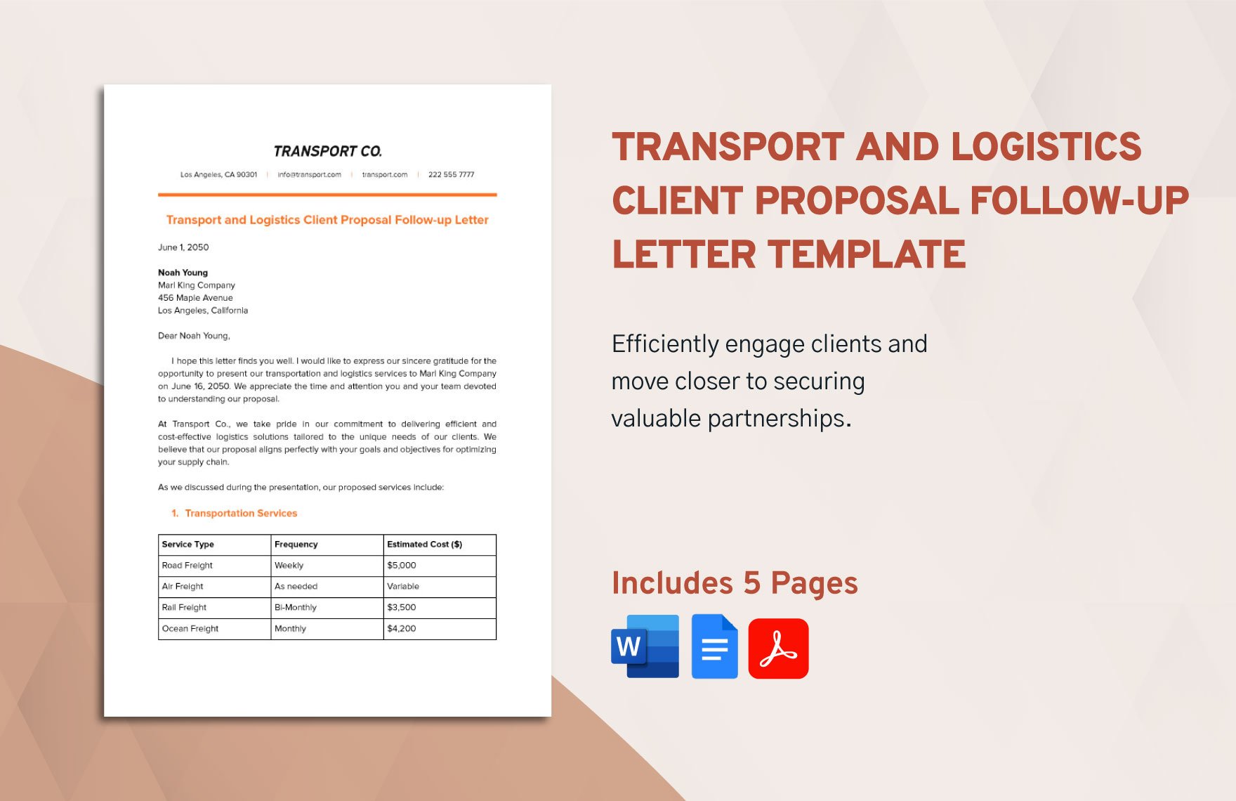 Transport and Logistics Client Proposal Follow-up Letter Template in Word, PDF