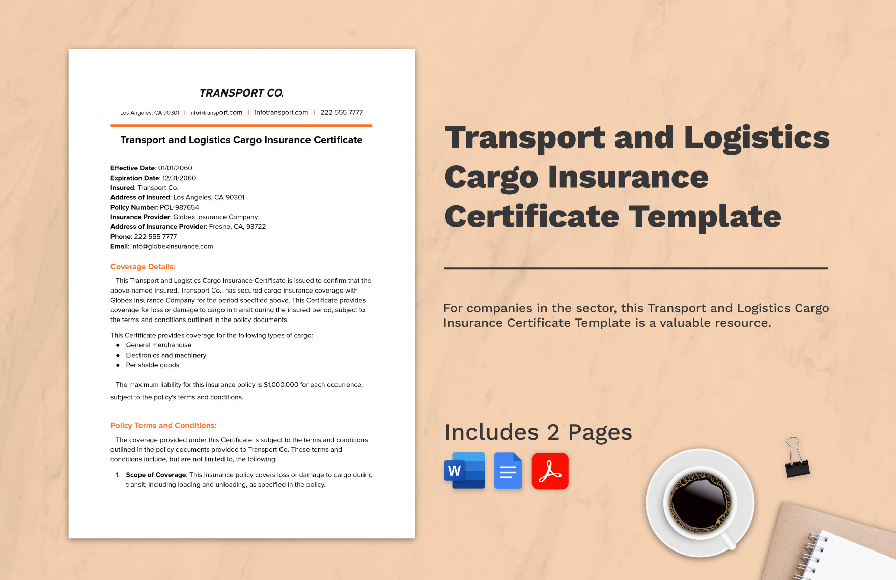 Transport and Logistics Cargo Insurance Certificate Template in Word, Google Docs, PDF