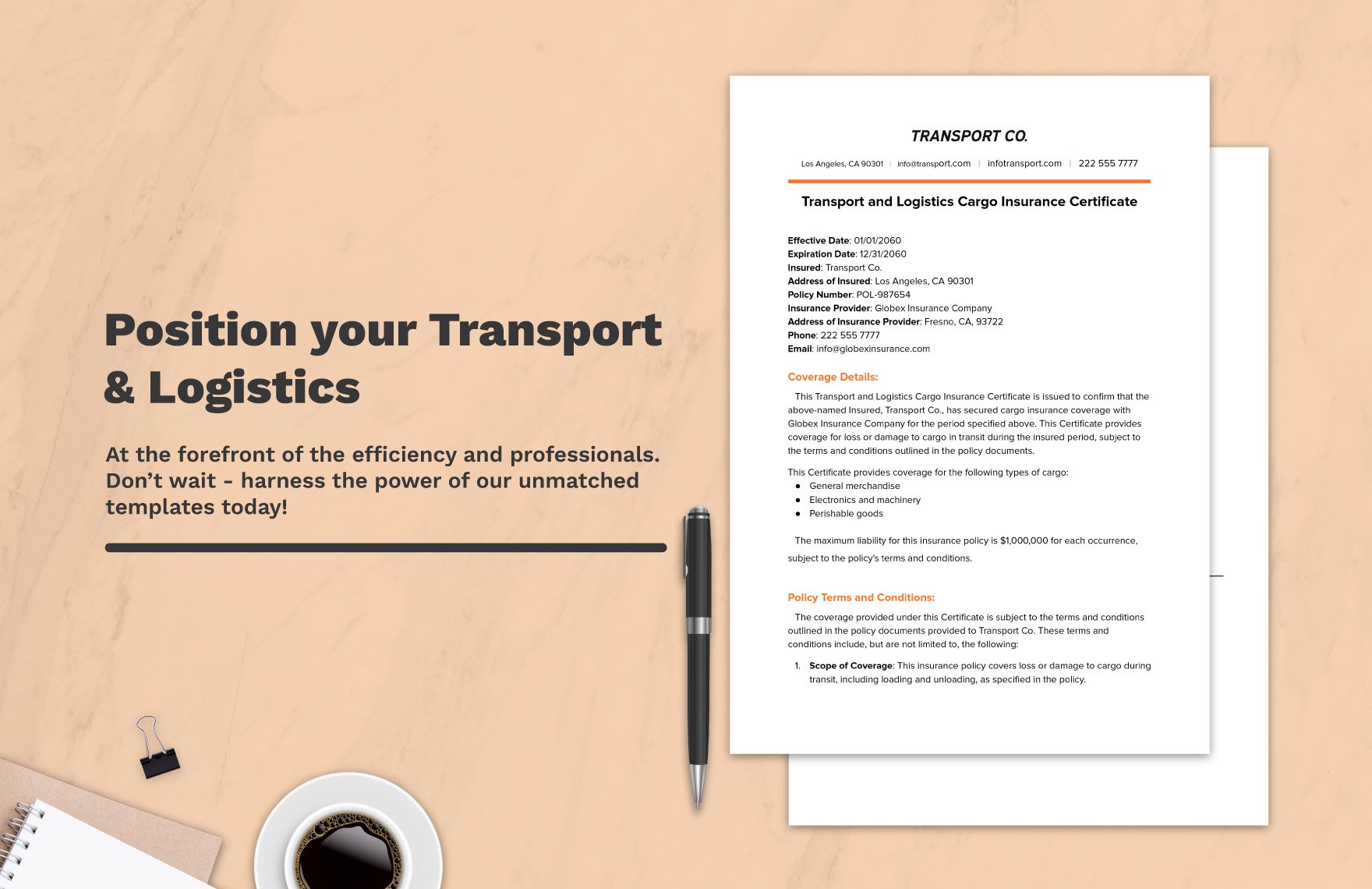 Transport and Logistics Cargo Insurance Certificate Template
