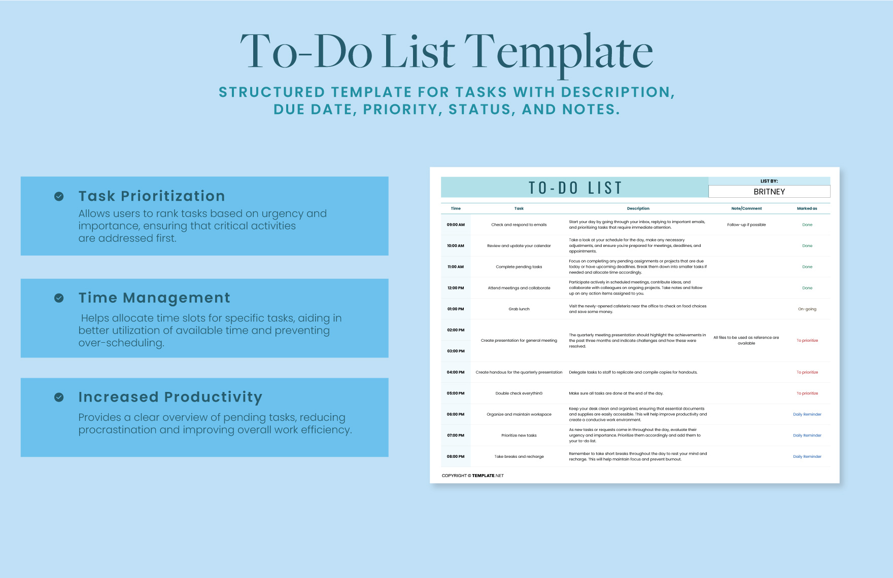 Free To-Do List Template - Download in Excel, Google Sheets | Template.net