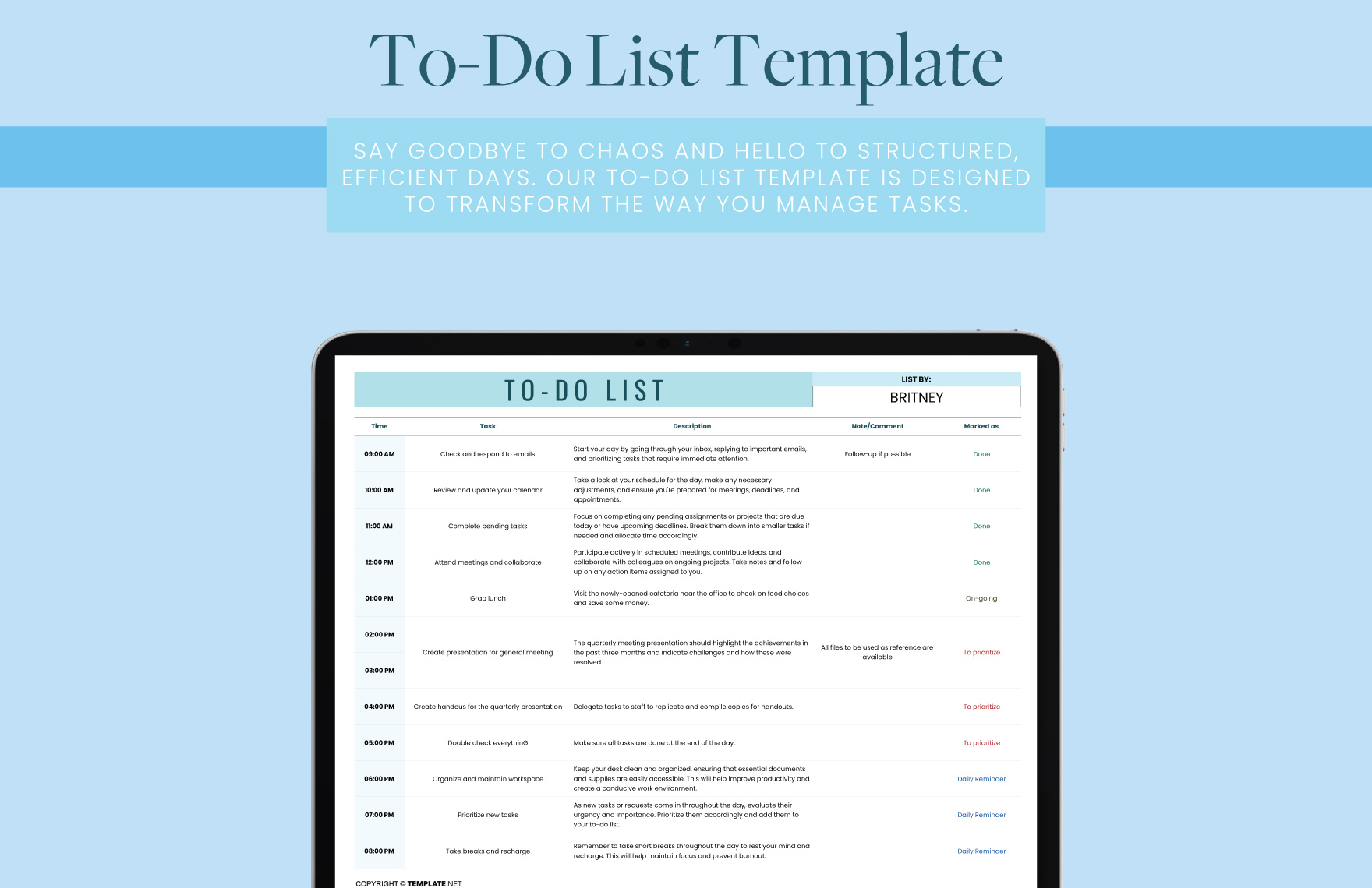 Free To-Do List Template - Download in Excel, Google Sheets | Template.net