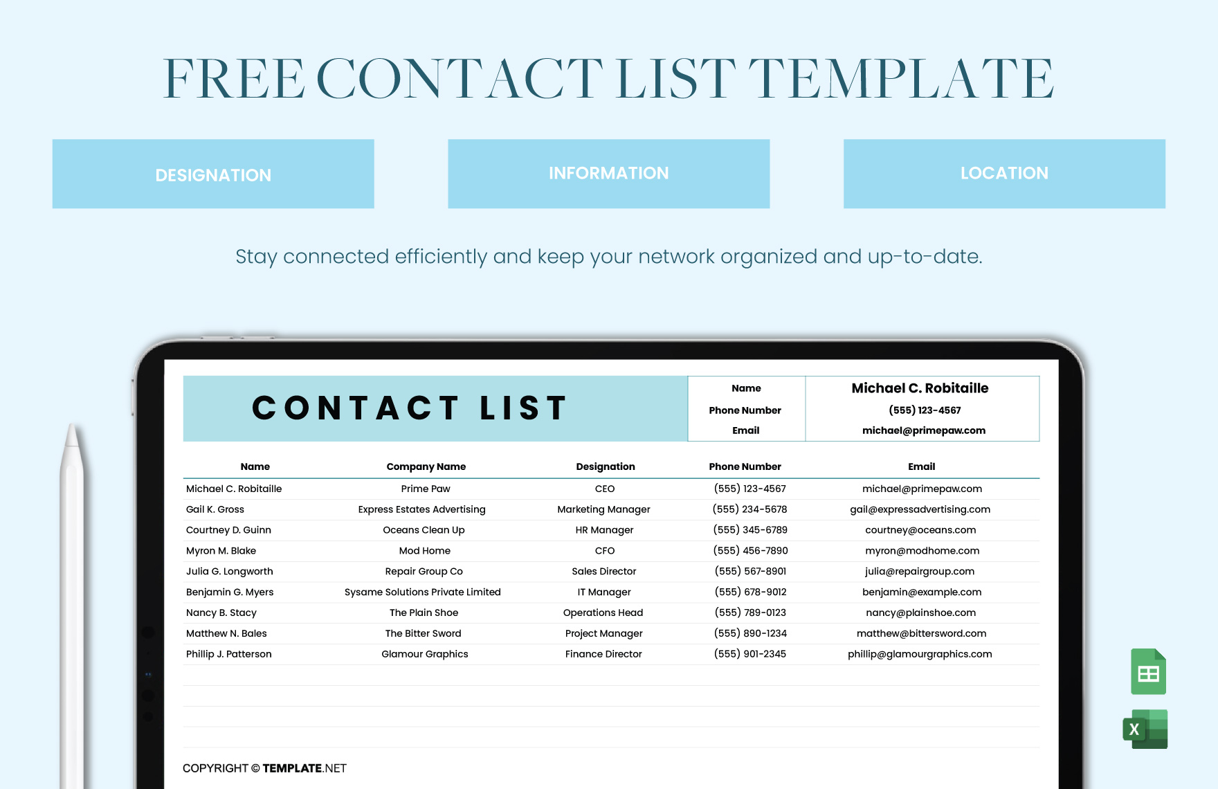 Contact List Template in Excel, Google Sheets - Download | Template.net