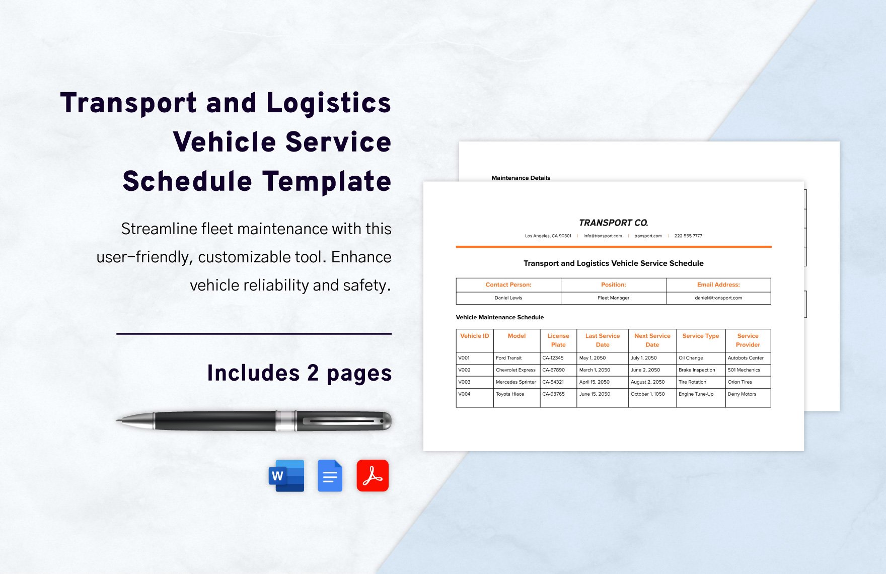 Transport and Logistics Vehicle Service Schedule Template in Word, Google Docs, PDF