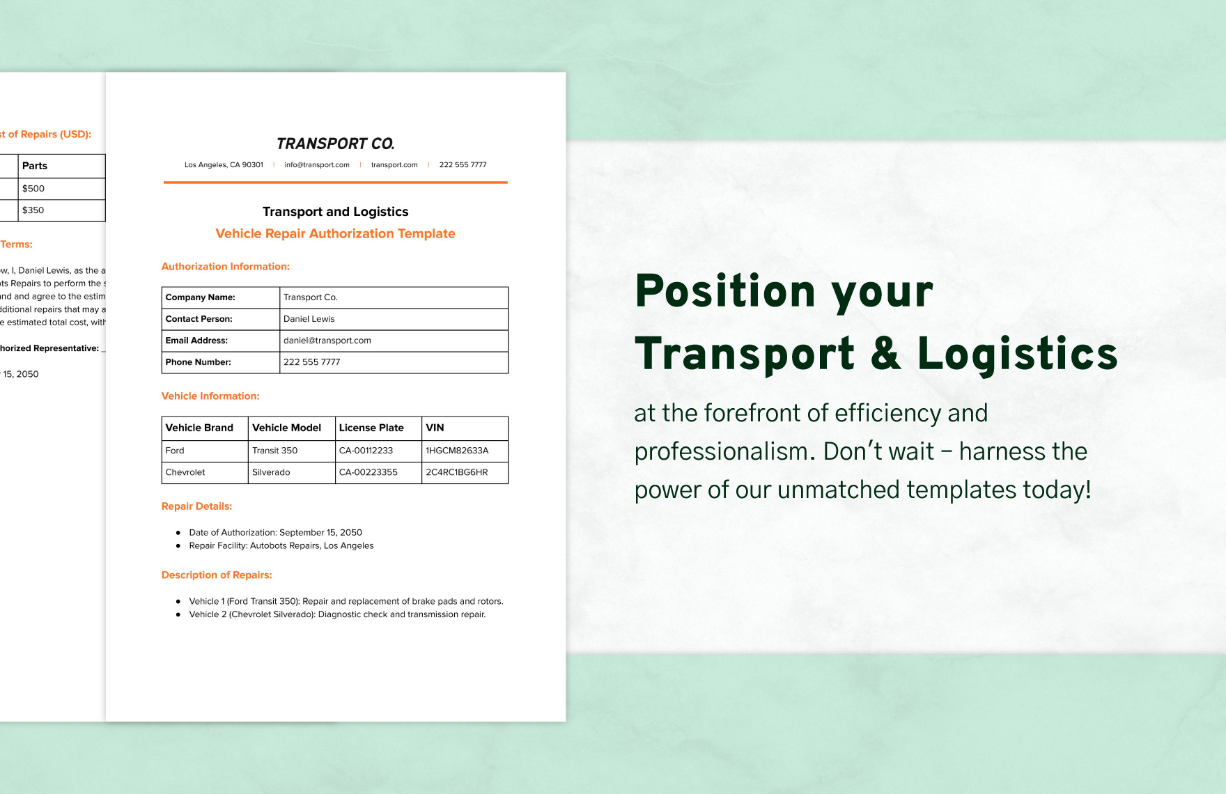 Transport and Logistics Vehicle Repair Authorization Template