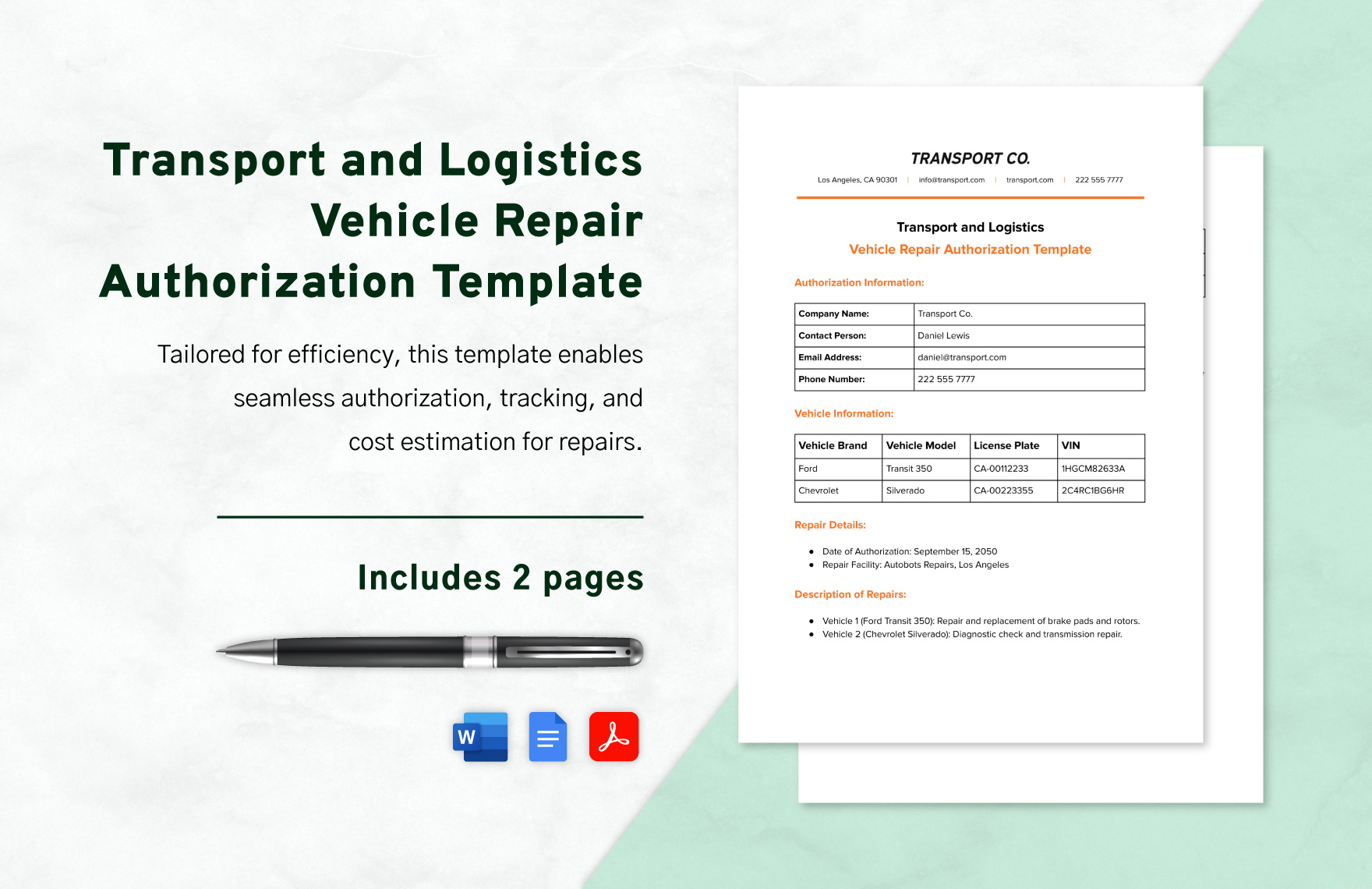 Transport and Logistics Vehicle Repair Authorization Template in Word, Google Docs, PDF