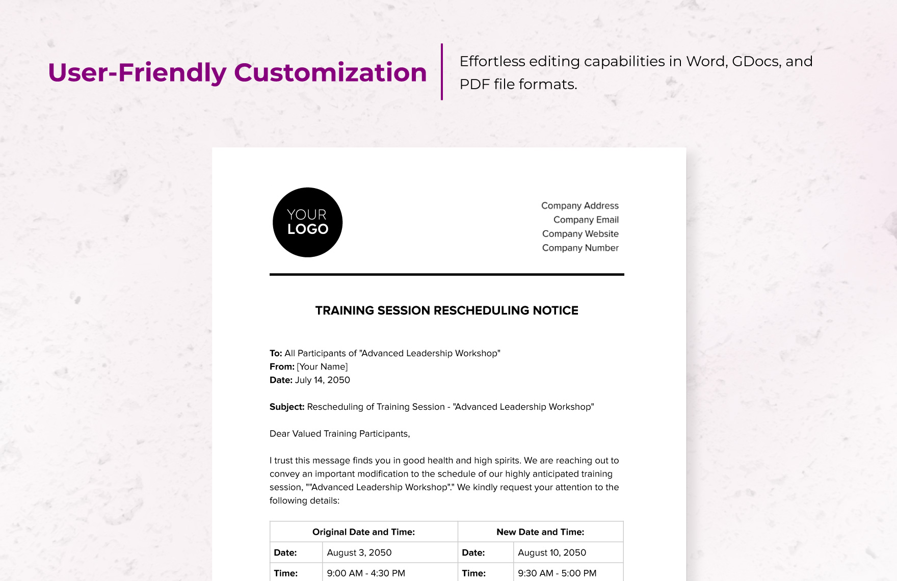 Training Session Rescheduling Notice HR Template