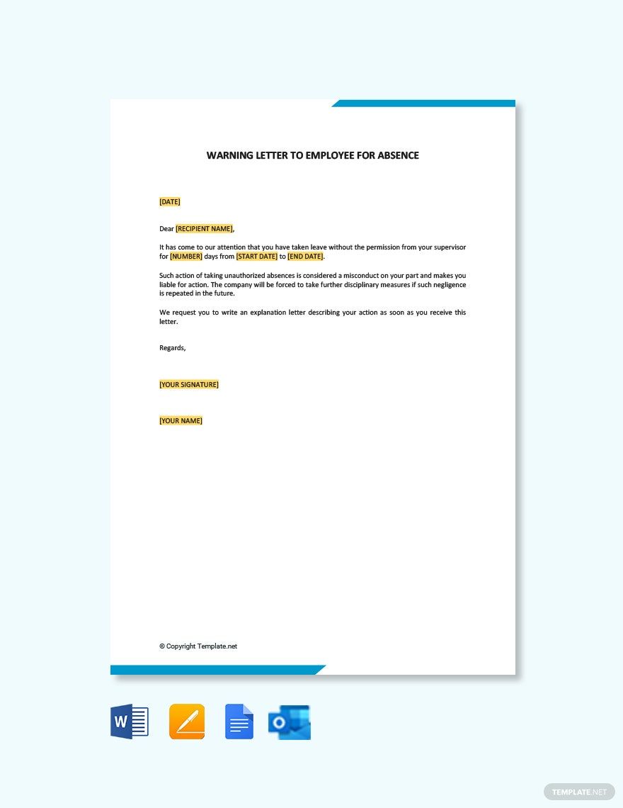 Warning Letter to Employee For Absence in Word, Google Docs, PDF, Apple Pages, Outlook