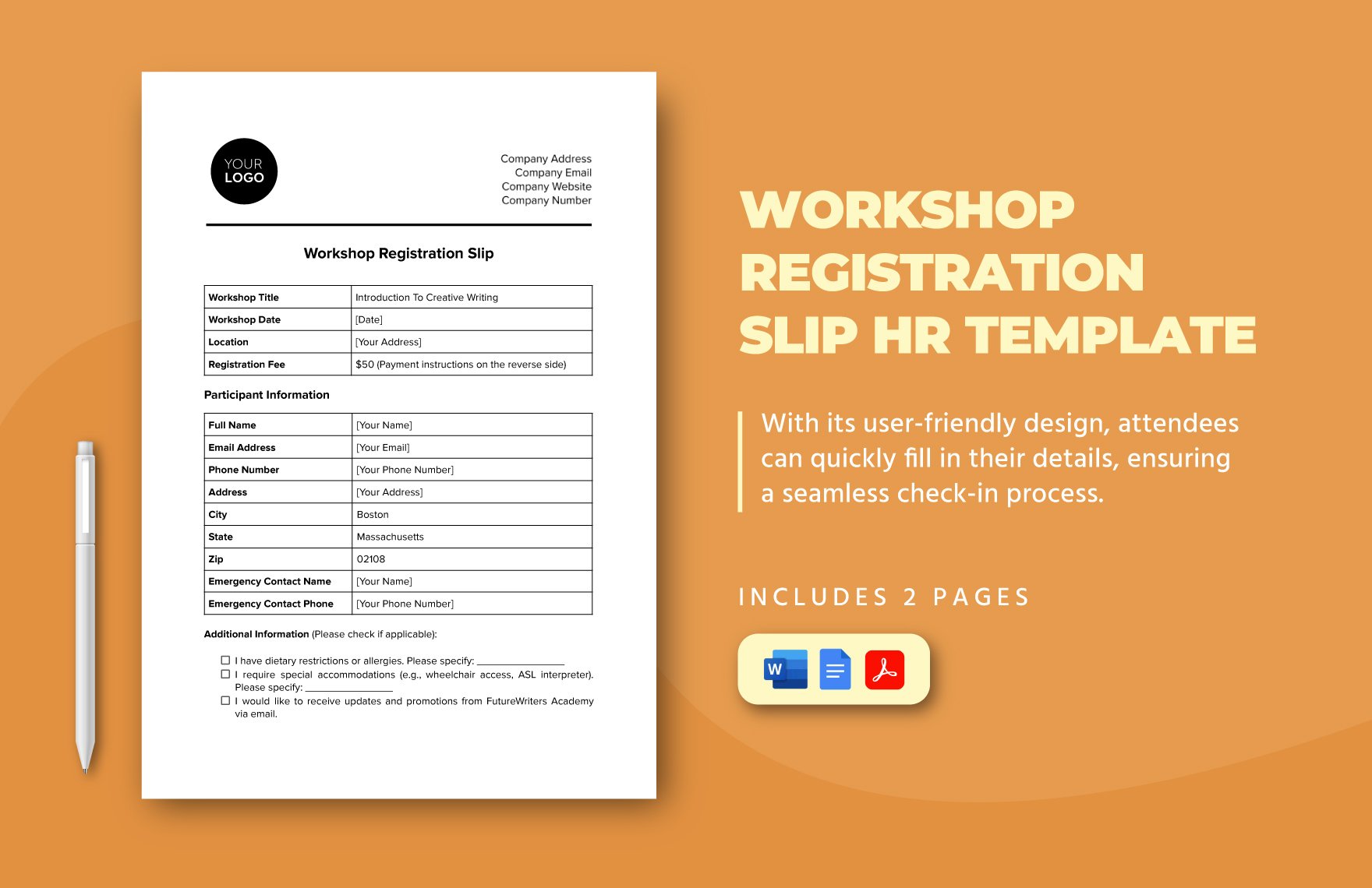 Workshop Registration Slip HR Template in Word, Google Docs, PDF