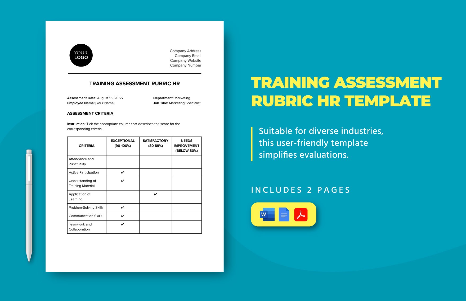 Training Assessment Rubric HR Template in Word, Google Docs, PDF