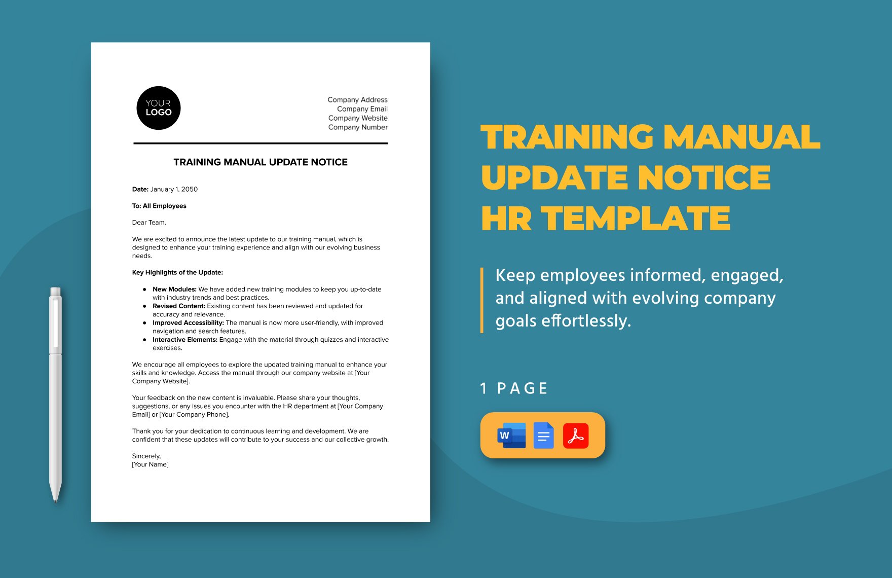 Training Manual Update Notice HR Template in Word, Google Docs, PDF