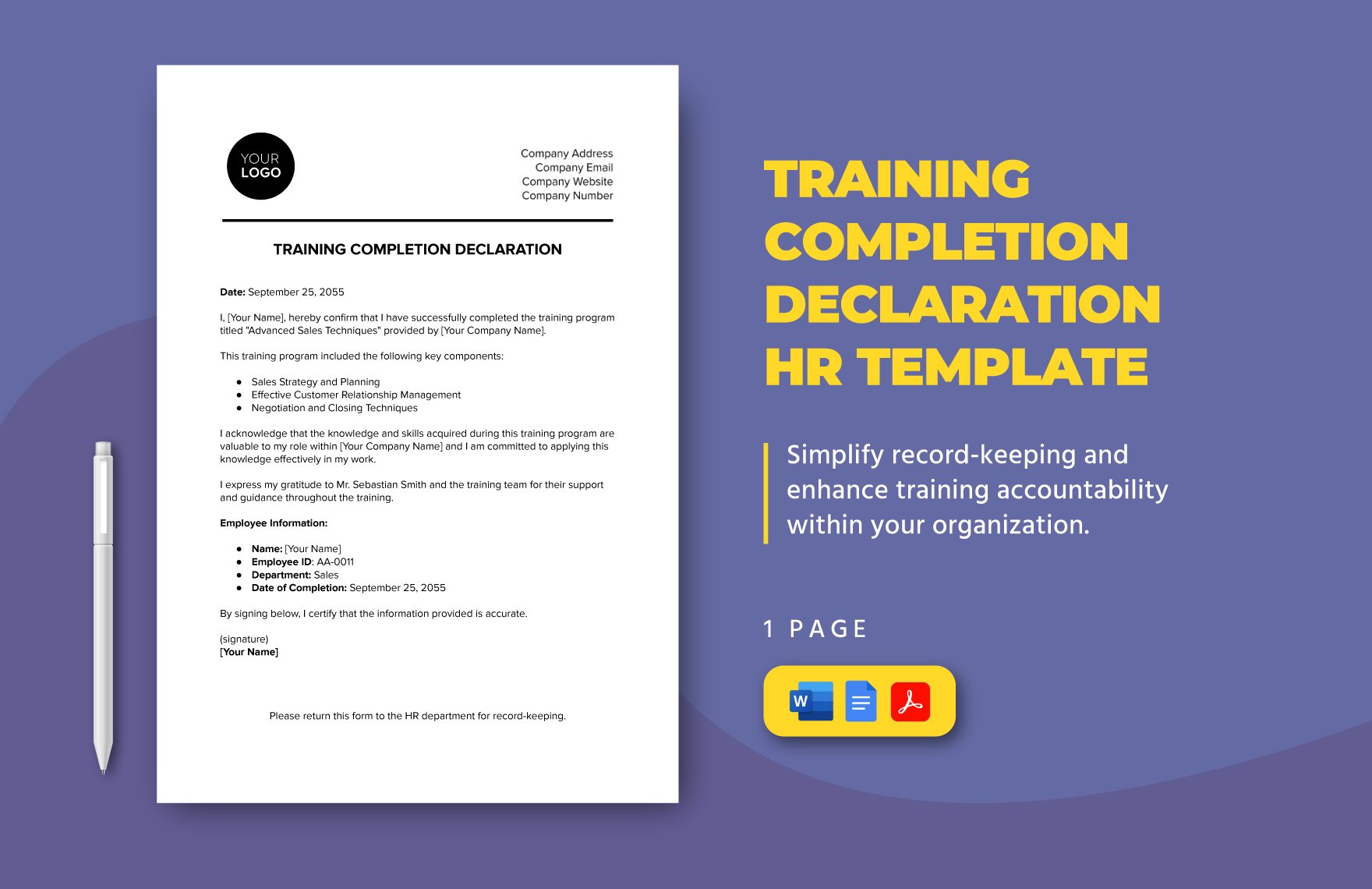 Training Completion Declaration HR Template in Word, Google Docs, PDF