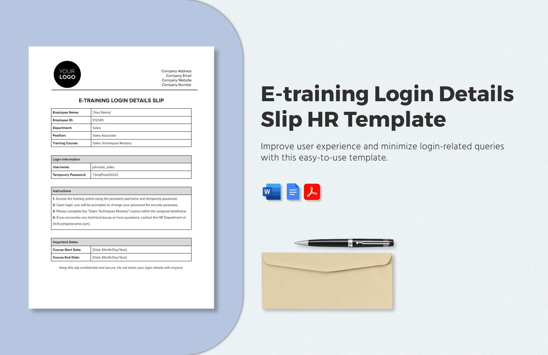 E-training Login Details Slip HR Template in Word, Google Docs, PDF