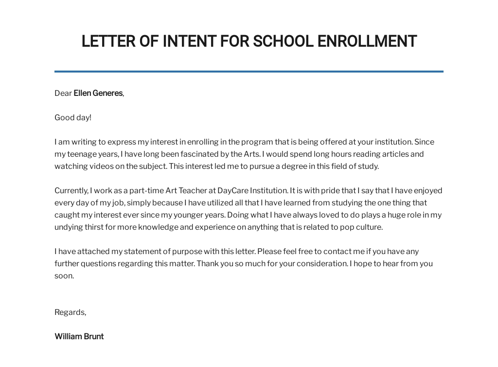 Free Letter of Intent for School Enrollment Template - Google Docs, Word