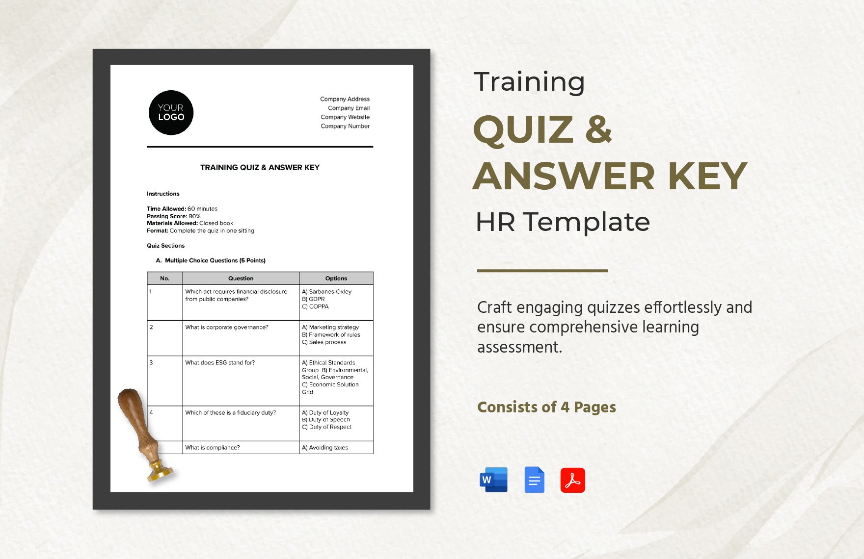 Training Quiz & Answer Key HR Template in Word, Google Docs, PDF