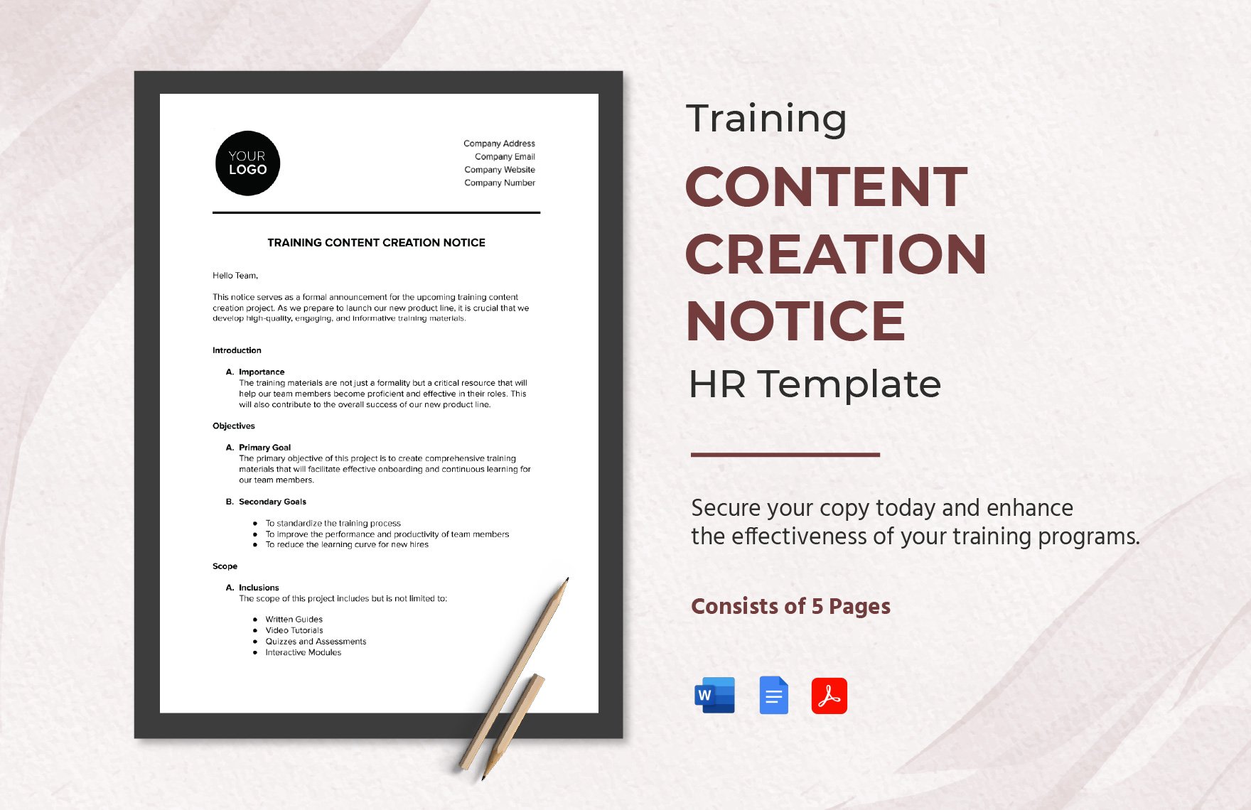 Training Content Creation Notice HR Template in Word, Google Docs, PDF
