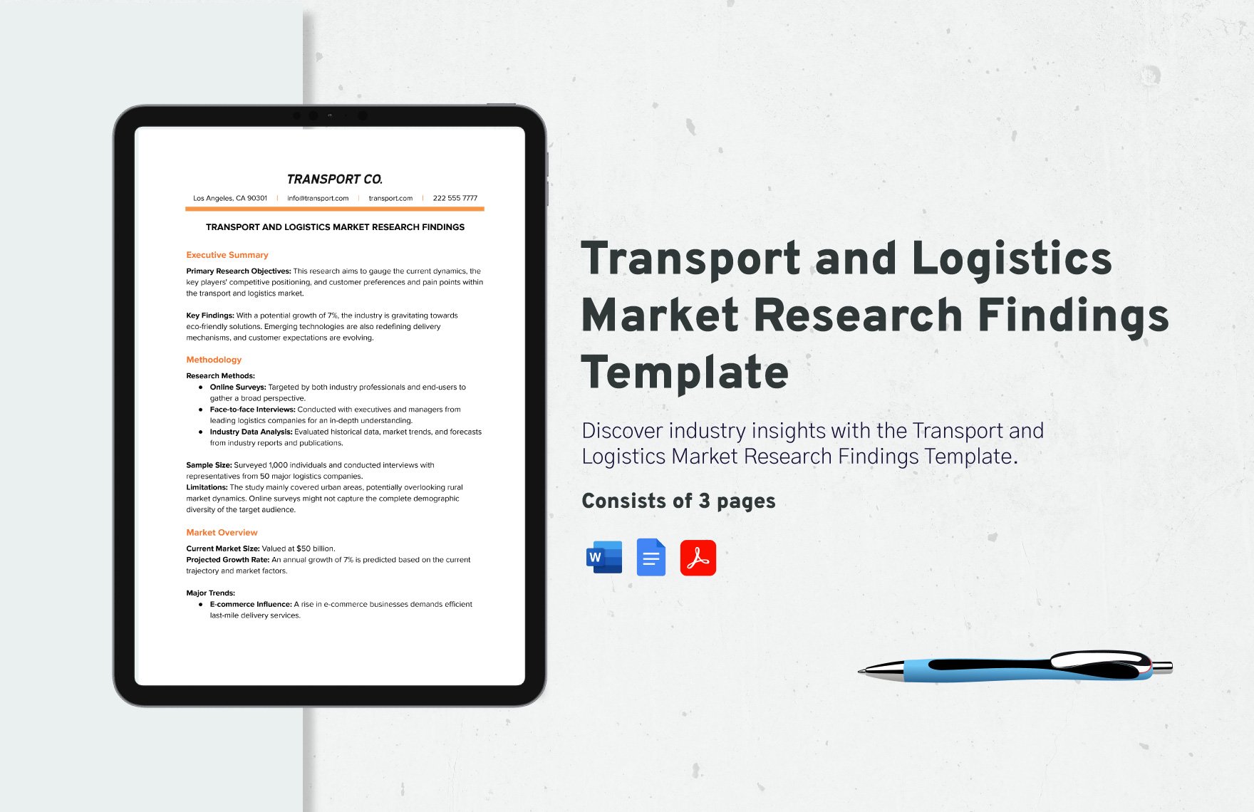 Transport and Logistics Market Research Findings Template in Word, Google Docs, PDF