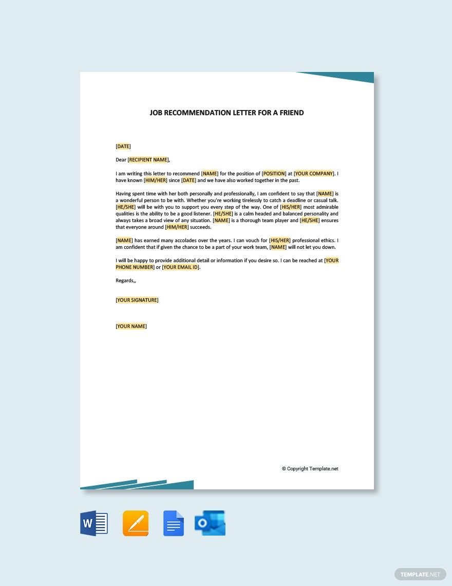Job Recommendation Letter For a Friend Template