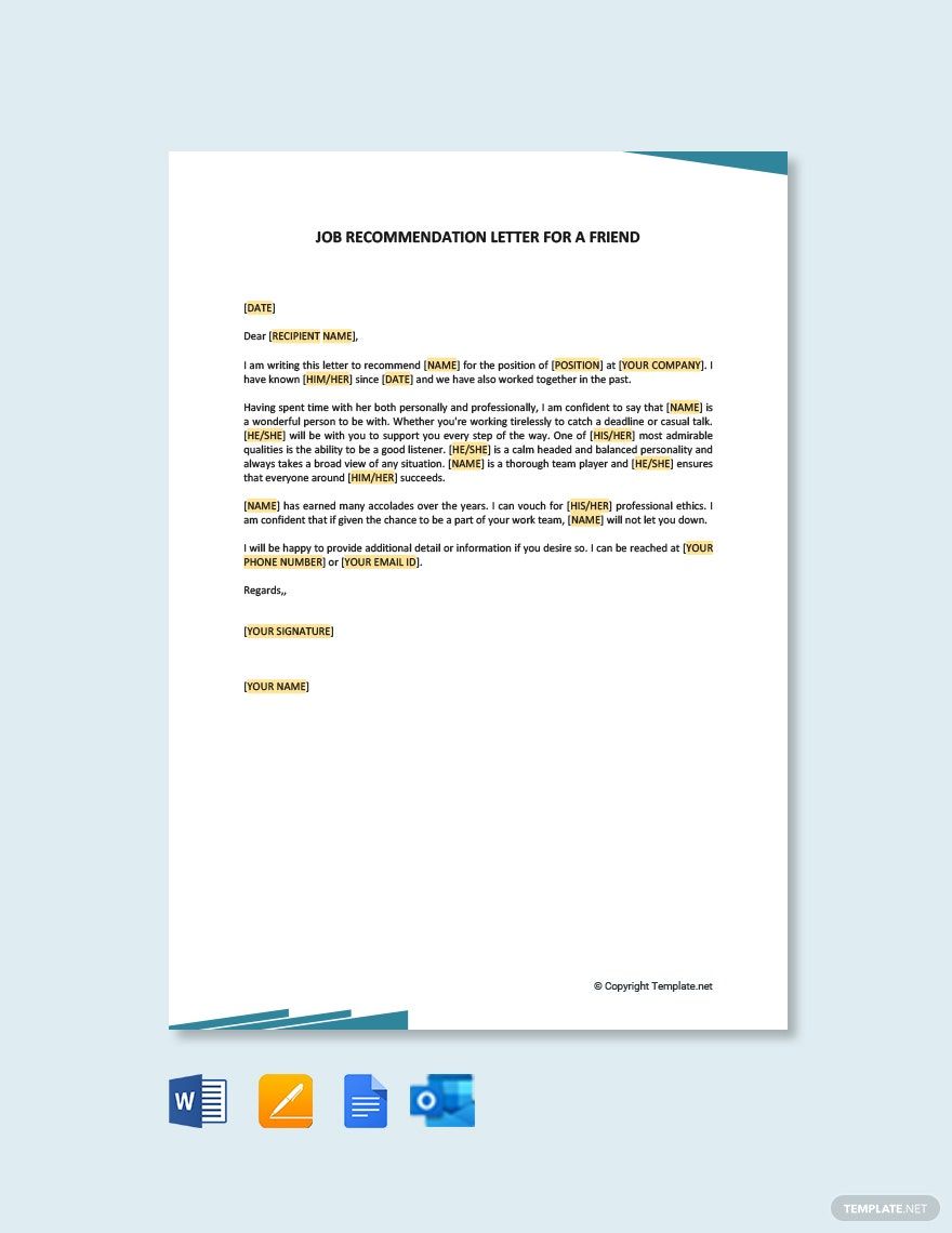 Job Recommendation Letter For a Friend in Google Docs, Pages, Word, Outlook, PDF - Download | Template.net