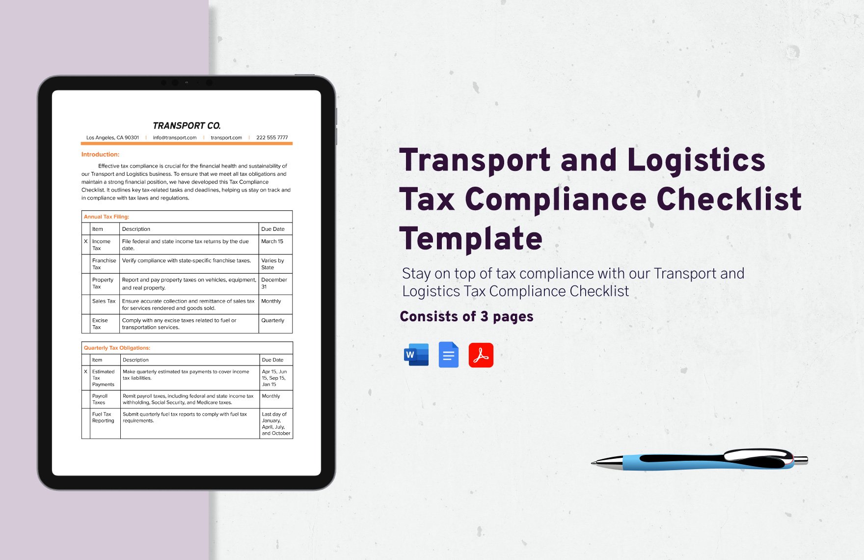 Transport and Logistics Tax Compliance Checklist Template in Word, Google Docs, PDF