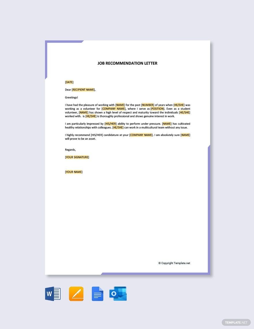 Free Job Recommendation Letter for Student Template