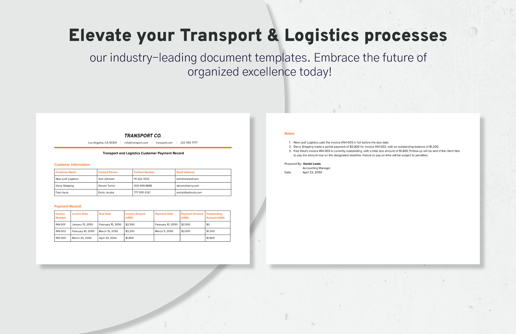 Transport and Logistics Customer Payment Record Template
