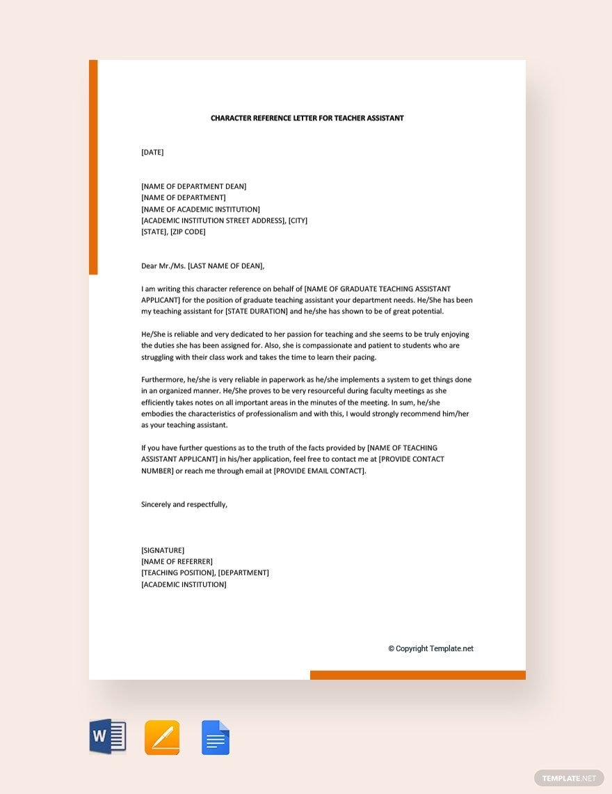 Free Character Reference Letter For Teacher Assistant Template