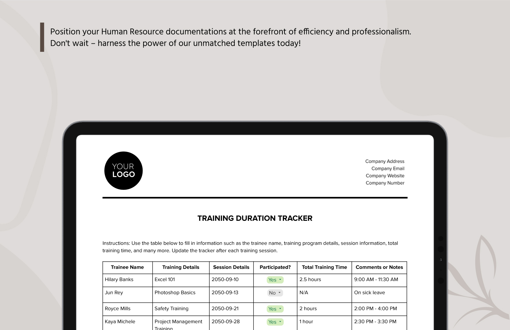 Training Duration Tracker HR Template