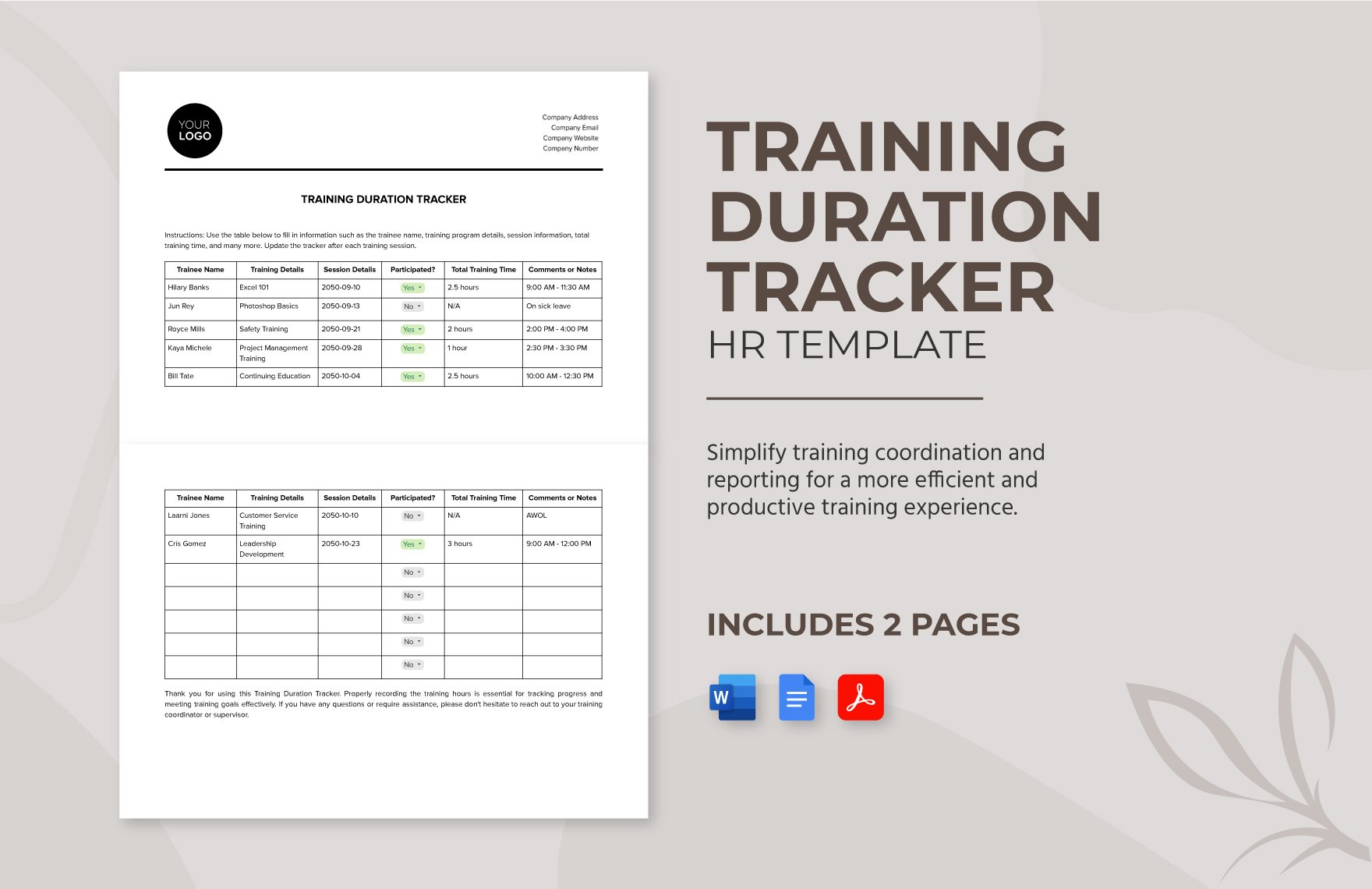 Training Duration Tracker HR Template in Word, Google Docs, PDF