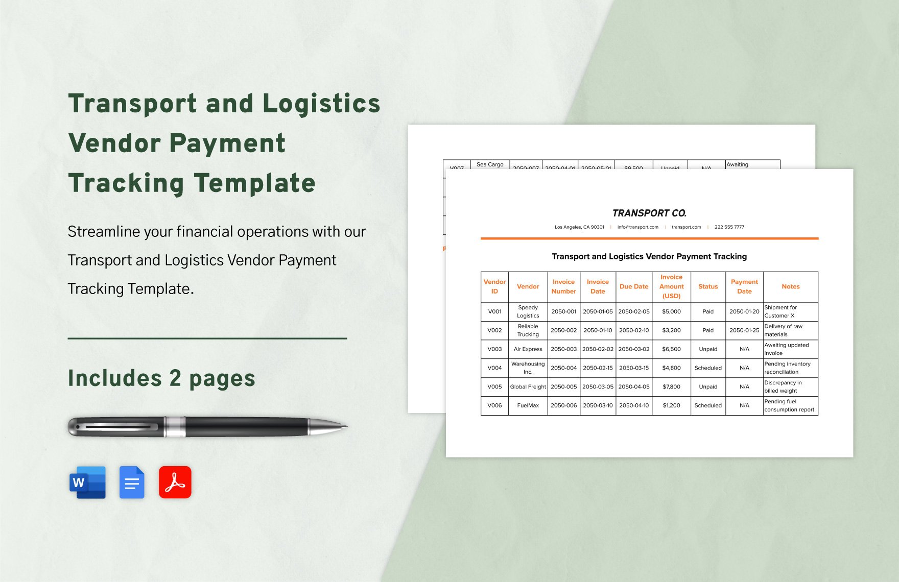 Transport and Logistics Vendor Payment Tracking Template in Word, Google Docs, PDF