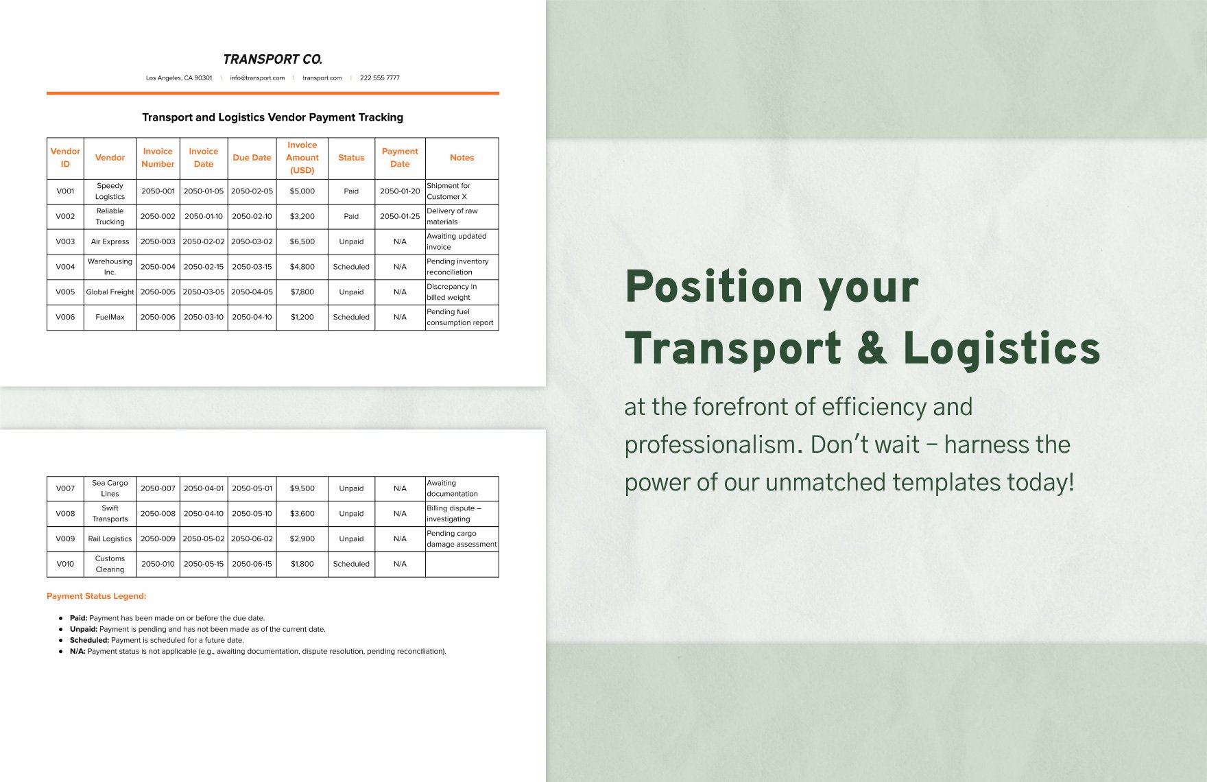 Transport and Logistics Vendor Payment Tracking Template