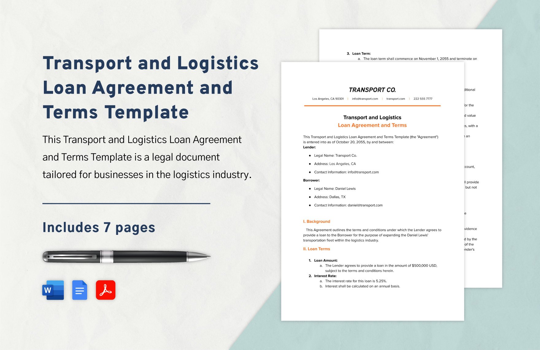 Transport and Logistics Loan Agreement and Terms Template