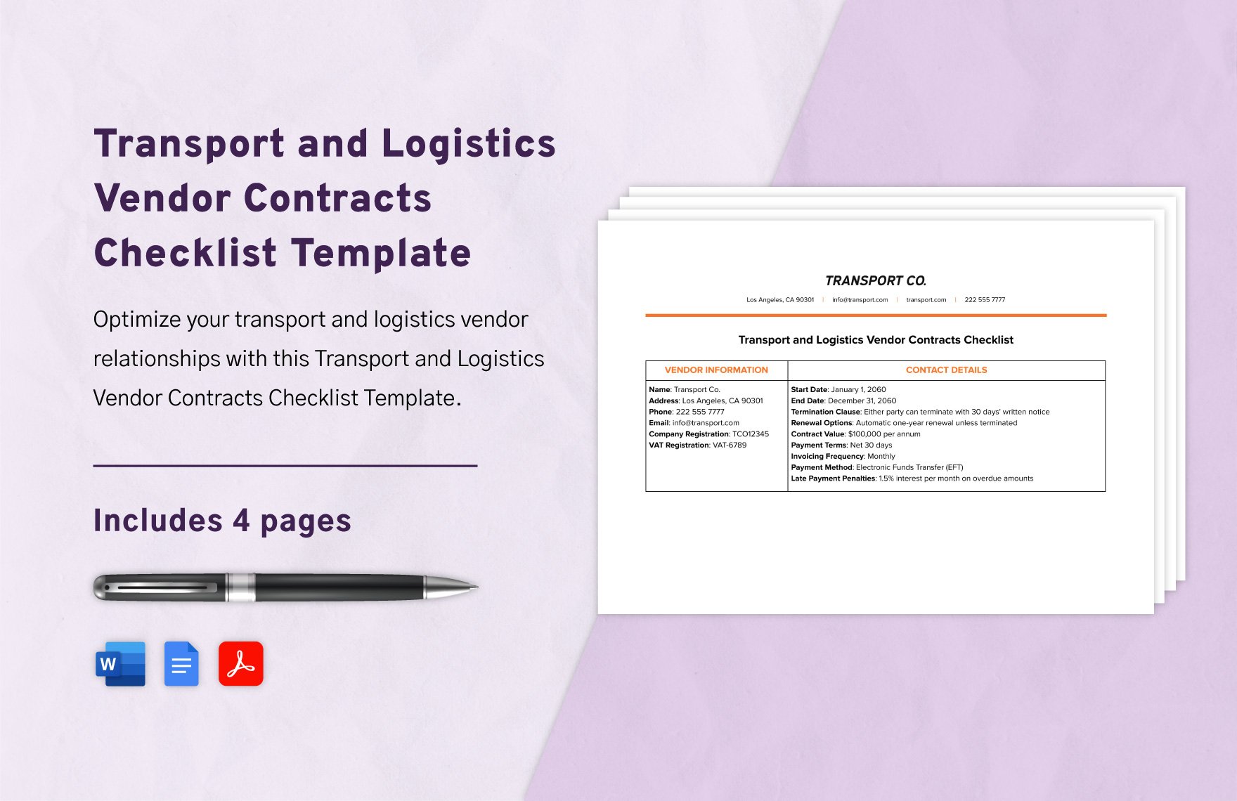 Transport and Logistics Vendor Contracts Checklist Template in Word, Google Docs, PDF
