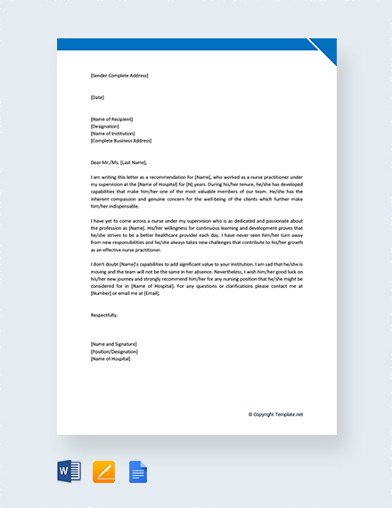 Nurse Practitioner Reference Letter Template Google Docs Word Apple Pages Template Net