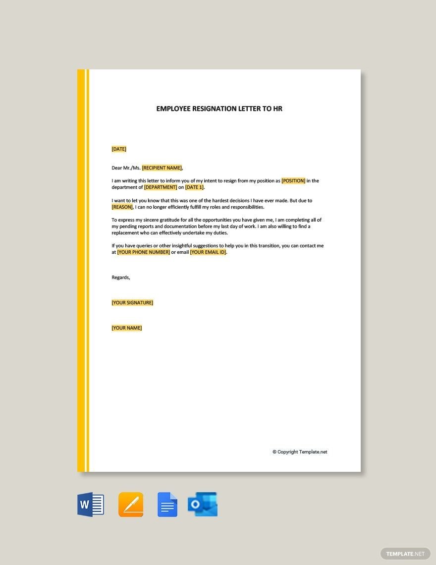 Employee Resignation Letter To HR in Word, Google Docs, PDF, Apple Pages, Outlook