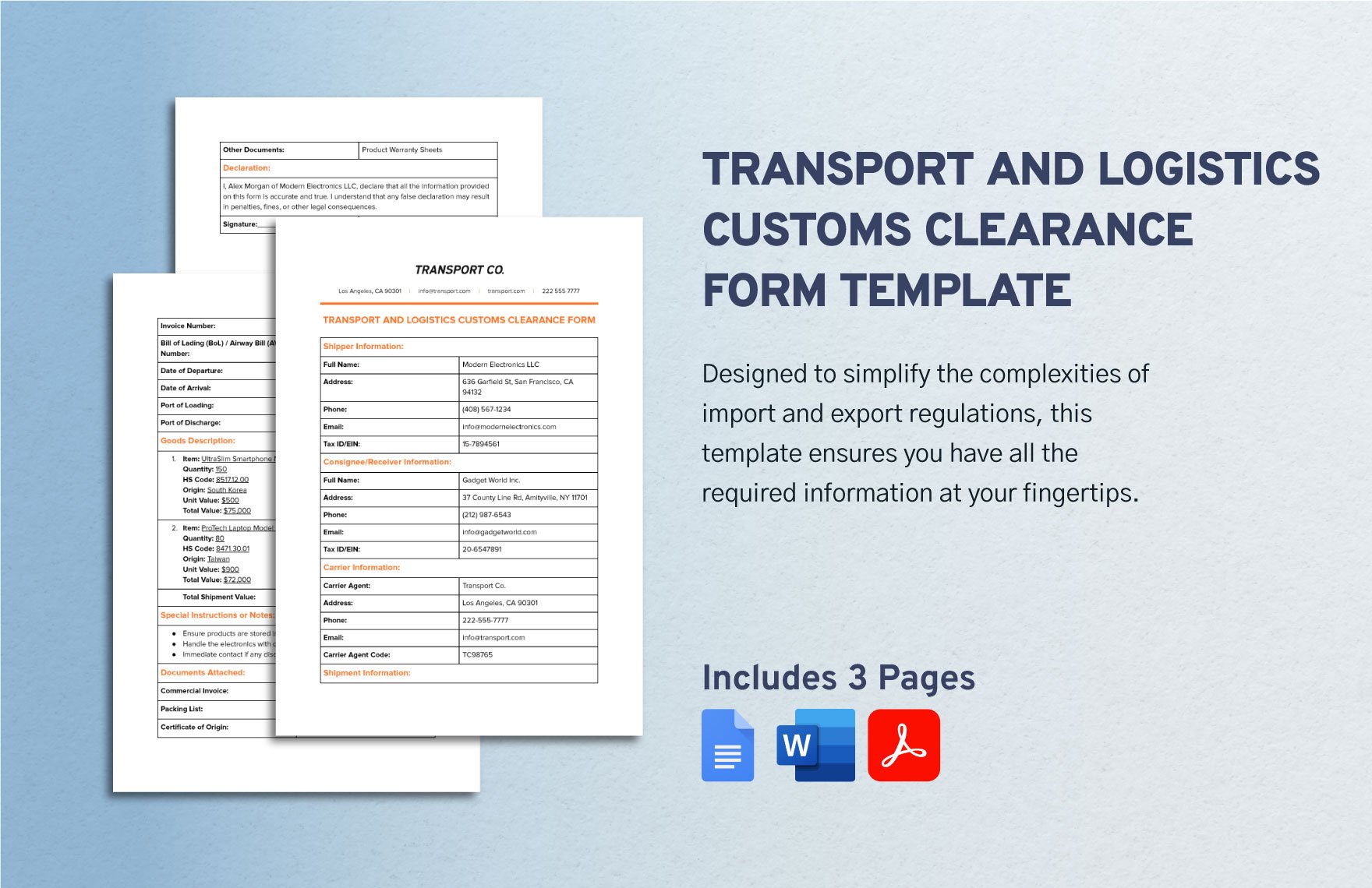 Transport and Logistics Customs Clearance Form Template