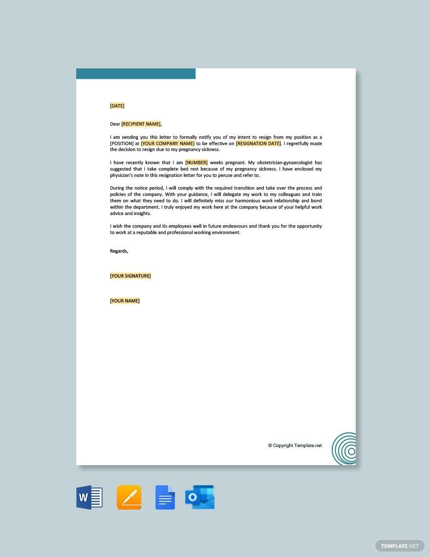 Free Resignation Letter Due To Pregnancy Sickness in Word, Google Docs, PDF, Apple Pages, Outlook