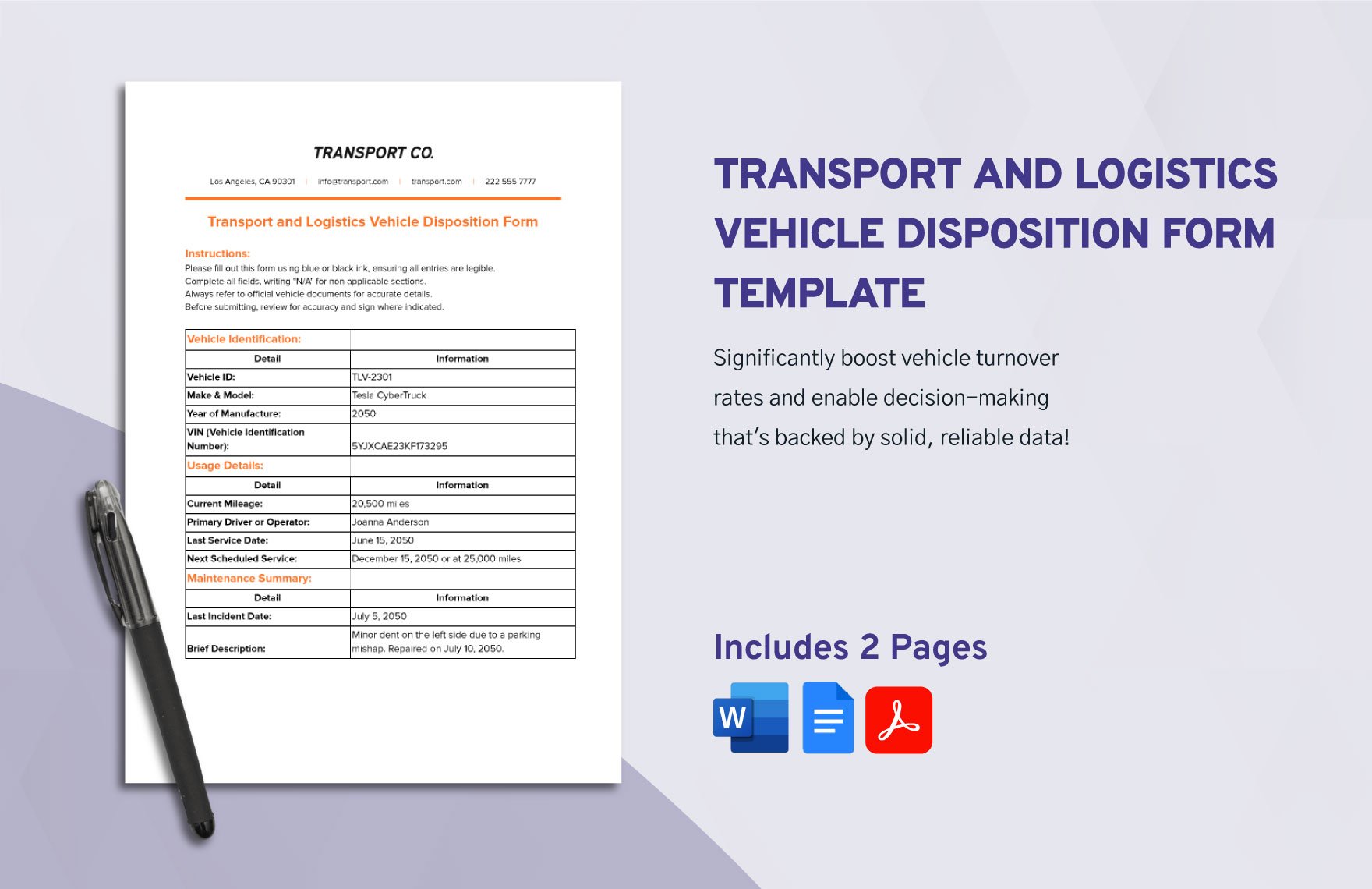 Transport and Logistics Vehicle Disposition Form Template