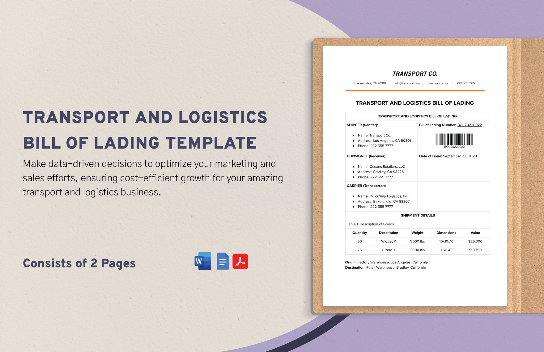 Transport and Logistics Bill of Lading Template