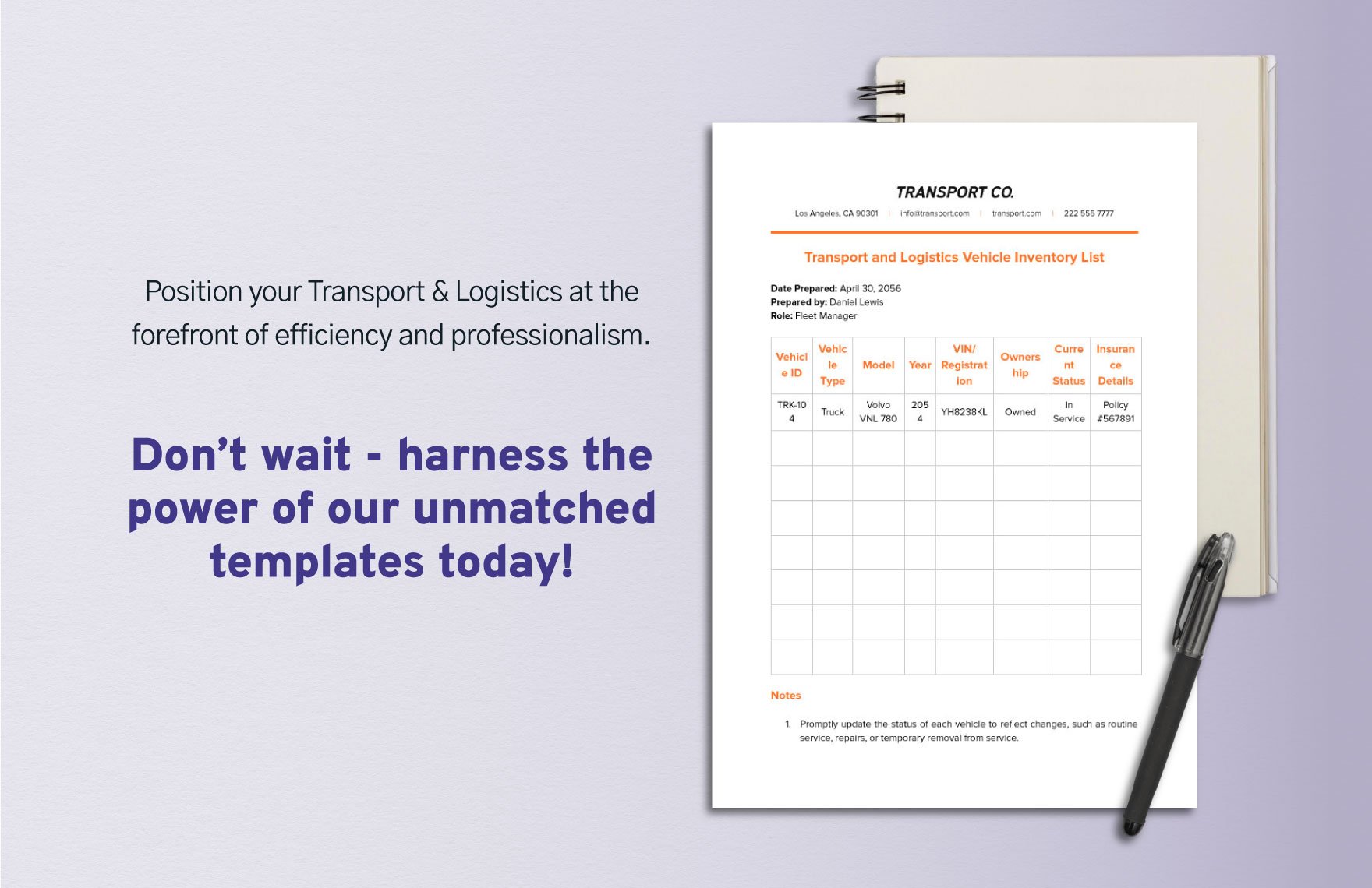 Transport and Logistics Vehicle Inventory List Template