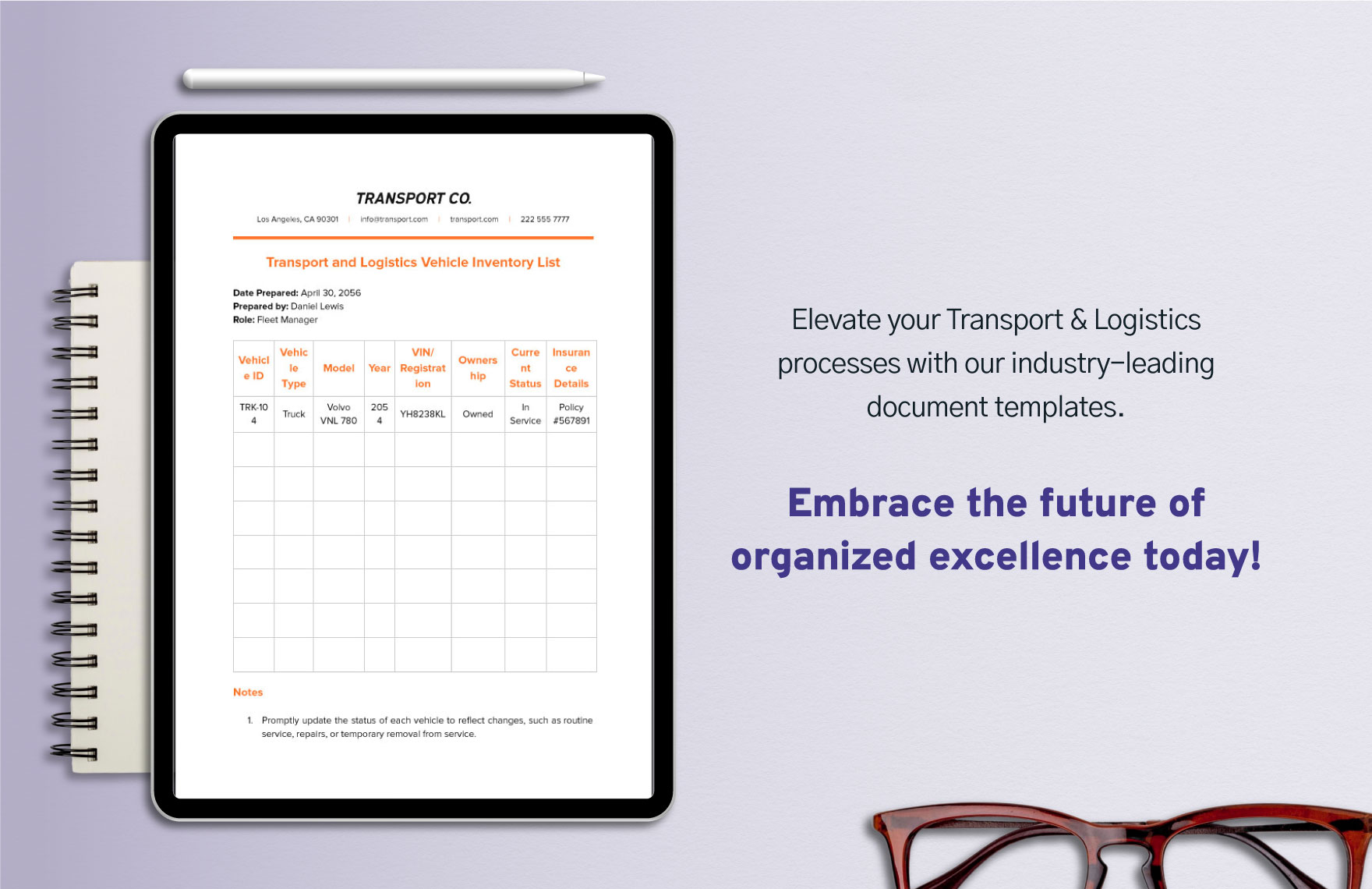 Transport and Logistics Vehicle Inventory List Template