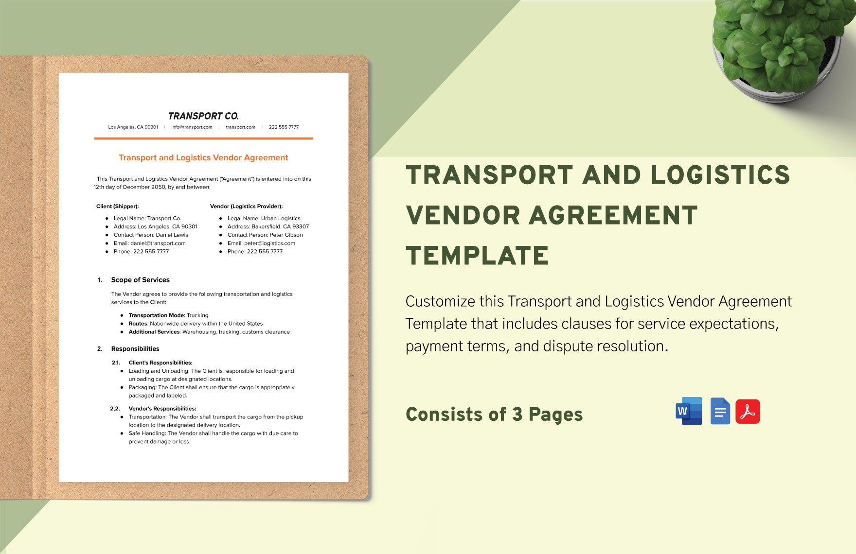Transport and Logistics Vendor Agreement Template in Word, Google Docs, PDF
