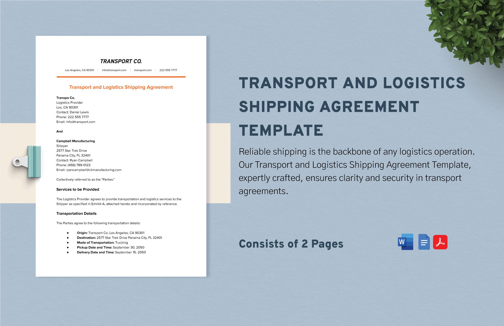 Transport and Logistics Shipping Agreement Template in Word, Google Docs, PDF