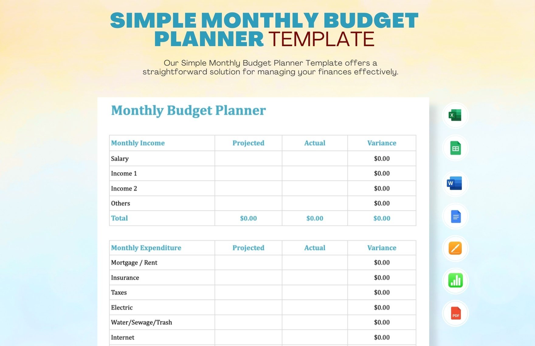 Simple Monthly Budget Planner Template in Word, Google Docs, Excel, PDF, Google Sheets, Apple Pages, Apple Numbers